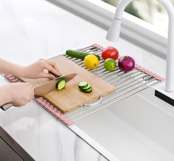 Tomorotec 17.7" x 15.5" Roll Up Dish Drying Rack Over Sink Drying Rack Sink Cover Kitchen Sink Accessories Gadget Multipurpose Organizer Foldable Stainless Steel Drainer - Image 8