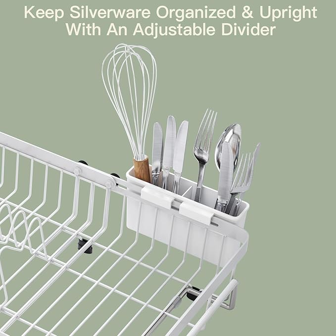 MAJALiS Dish Drying Rack Over The Sink, Expandable Stainless Steel Dish Drainer for Small Kitchen Counter Space Saving, RV Compact Plate Strainer in White Metal with Hanging Adjustable Utensil Holder - Image 8