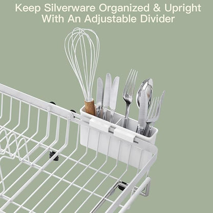 MAJALiS Dish Drying Rack Over The Sink, Expandable Stainless Steel Dish Drainer for Small Kitchen Counter Space Saving, RV Compact Plate Strainer in White Metal with Hanging Adjustable Utensil Holder - Image 8