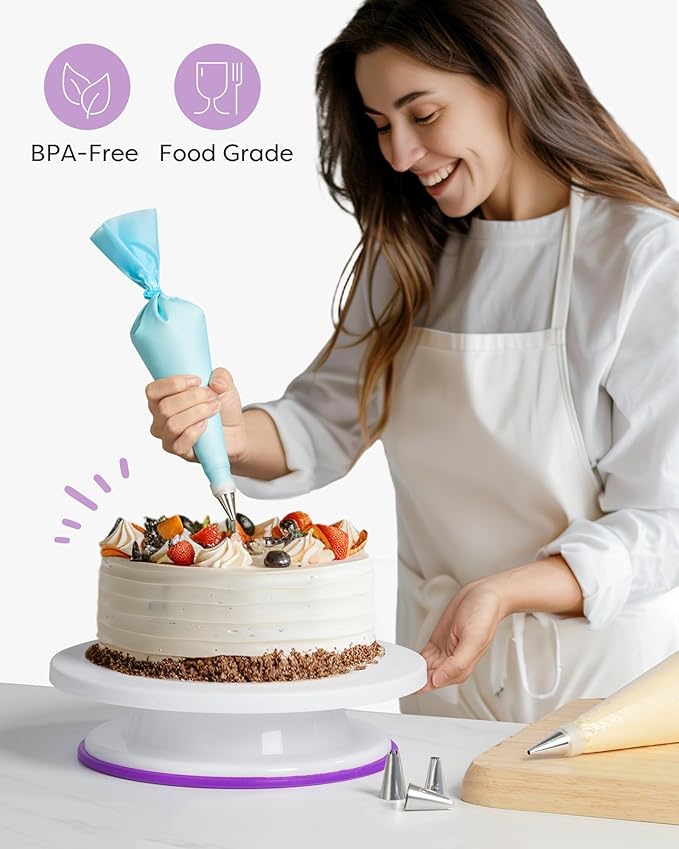 Kootek 71PCs Cake Decorating Kit, Baking Supplies Tools - Includes Cake Stand Turntable, 12 Icing Piping Tips Set, 2 Frosting Spatulas, 3 Scrapers, 50+2 Piping Bags, Coupler, Video Tutorial, Booklet - Image 7
