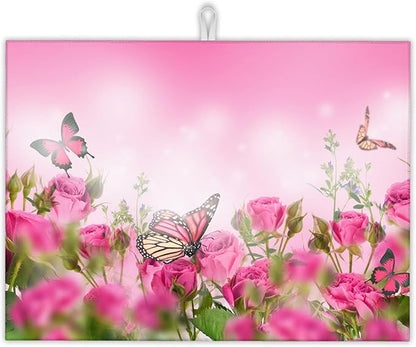 Pink Roses Flowers Dish Drying Mat for Kitchen Counter Decor,Butterflies Dish Drying Rack Pad Absorbent Reversible Microfiber for Coffee Tableware Sink Countertop 18x24 Inch