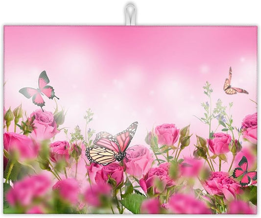Pink Roses Flowers Dish Drying Mat for Kitchen Counter Decor,Butterflies Dish Drying Rack Pad Absorbent Reversible Microfiber for Coffee Tableware Sink Countertop 18x24 Inch