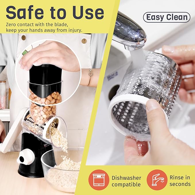 X Home Rotary Cheese Grater for Kitchen, Shredder with 3 Interchangeable Blades, Rotary Grater with Handle and Strong Suction Base, for Vegetables, Fruit, Nuts, Easy to Use and Clean, Black - Image 7