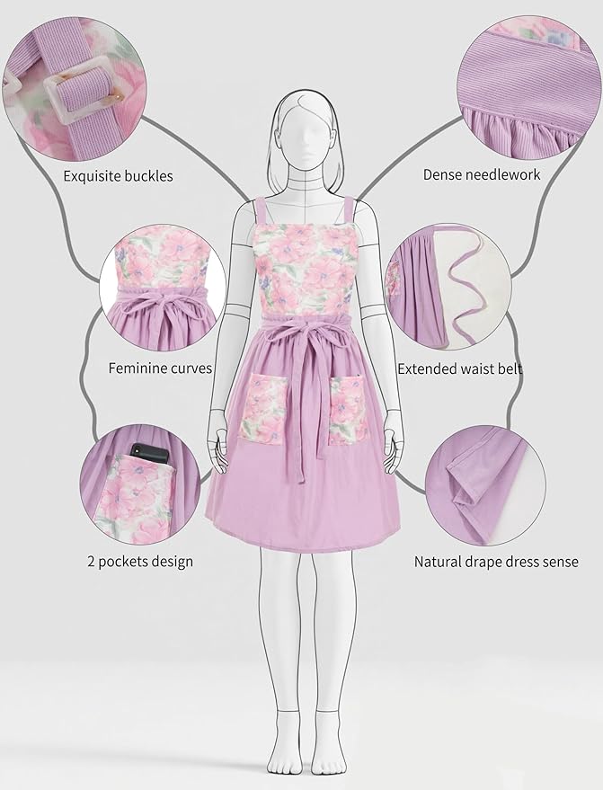Pinknoke Vintage Pinafore Apron Dress for Women with Pockets Cute Floral Chef Aprons for Kitchen Cooking Baking Gardening - Image 4