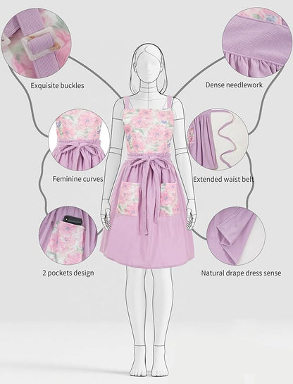 Pinknoke Vintage Pinafore Apron Dress for Women with Pockets Cute Floral Chef Aprons for Kitchen Cooking Baking Gardening - Image 4