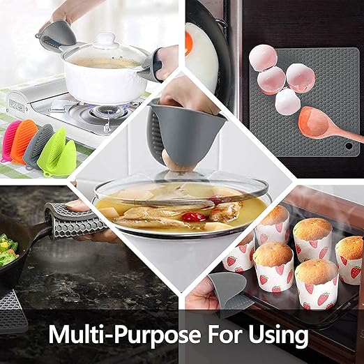 Silicone Oven Mitts and Pot Holders Sets, MTZRFLL Extra Long Heat Resistant Oven Gloves with Hot Pads and Mini Oven Mits Set for Kitchen Cooking Baking, Soft Quilted Lining, Pack of 6 (Gray) - Image 5