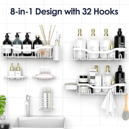 NESOMI Shower Caddy Adhesive Shower Organizer 8-Pack, Rustproof Stainless Steel Bathroom Shelves, Large Capacity No-Drill Rack Storage Accessories with Soap Dish Toothbrush Holder Hooks - Image 4