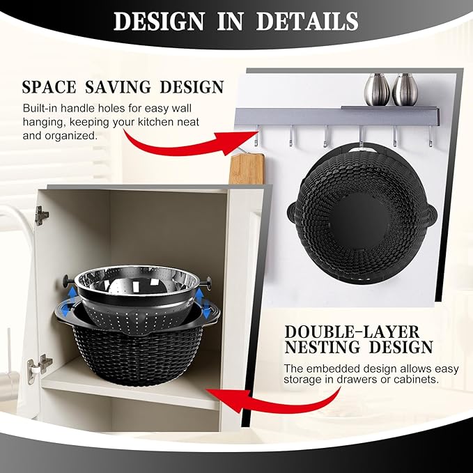 4-1 Colander with Bowl Set - Colander for Kitchen - Rotatable Strainers and Colanders(Patented) - Pasta Strainer - Bowl With Colander & New Upgraded Graters for Fruit Veggie, Kitchen Essentials, Black - Image 7