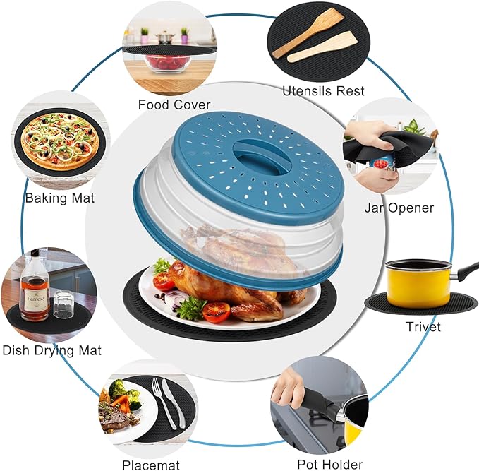 2 in 1,WENWELL Microwave Splatter Cover for Food & Mat, Vented Collapsible Kitchen dish bowl Plate lid Can be Hung, Easy to Shake Hands,Drainer Basket,BPA-Free Silicone & Plastic