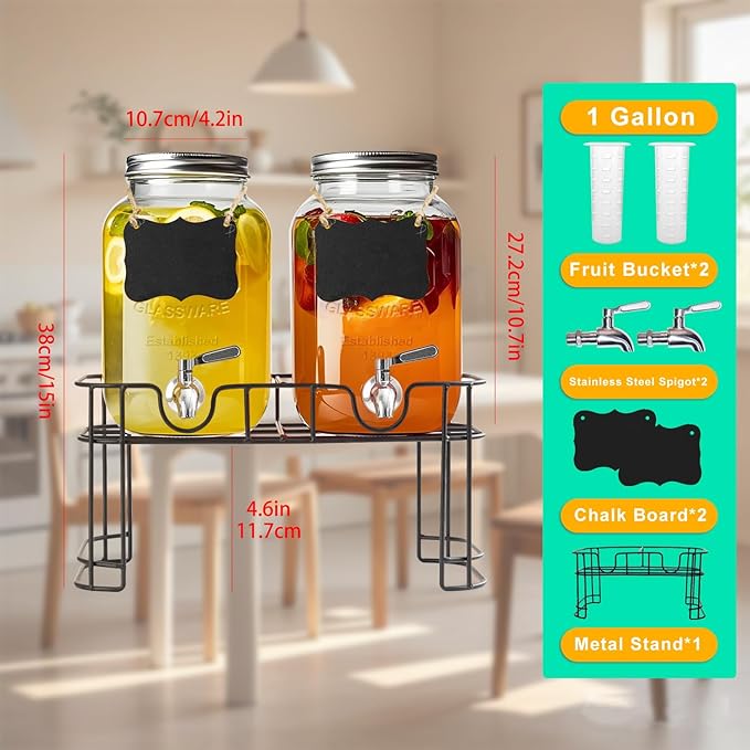 1 Gallon Glass Drink Dispenser with Stand,2 Pack Glass Beverage Dispenser with Stainless Steel Spigot,Water Lemonade Dispenser for Parties - Image 4