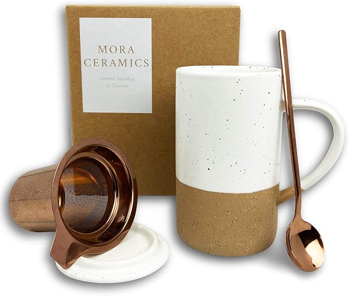 Mora 12oz Ceramic Tea Cup with Infuser, Spoon, Lid - Microwave & Dishwasher Safe by MORA