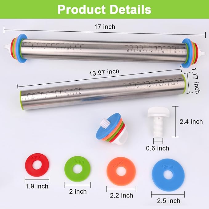 Rolling Pin with Thickness Rings and Red Silicone Baking Mat, Adjustable Stainless Steel Rolling Pins for Pasta or Sugar Decorating Cookies, Bread Making Tools Fondant Roller for Dough, Dumpling - Image 2