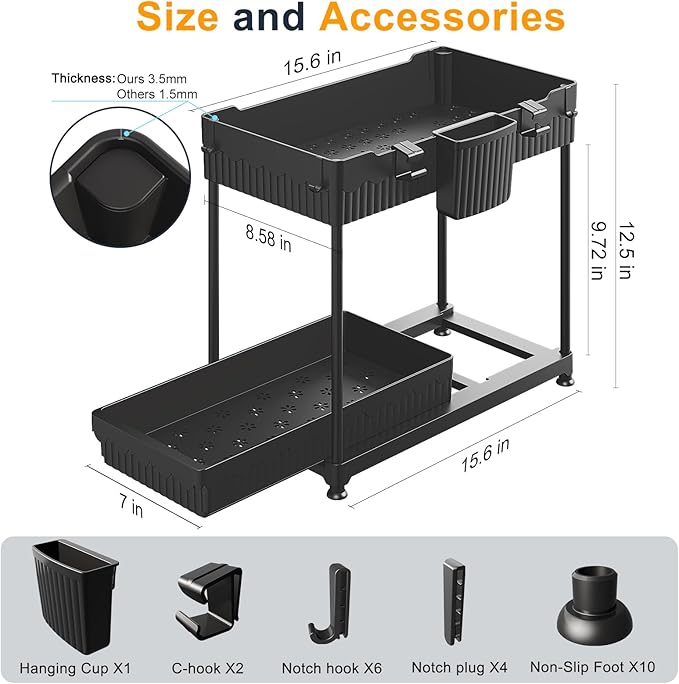 Sevenblue 2 Pack Multi-Purpose Under Sink Organizers and Storage, 2026 Pull Out Cabinet Organizer for Bathroom & Kitchen, Under Cabinet Organizer with Hooks Hanging cup, Black - Image 6