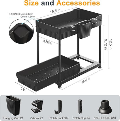 Sevenblue 2 Pack Multi-Purpose Under Sink Organizers and Storage, 2026 Pull Out Cabinet Organizer for Bathroom & Kitchen, Under Cabinet Organizer with Hooks Hanging cup, Black - Image 6