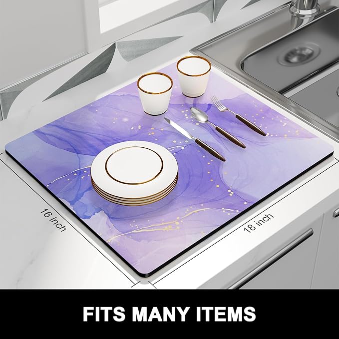 Rnivvi Dish Drying Mat for Kitchen Counter, 16 x 18" Cute Marble Theme Absorbent Heat Resistant Drying Pad with Non-slip Rubber, Coffee Bar Mats for Coffee Machine Dish Rack Kitchen Decor, Purple - Image 3