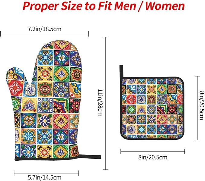 Mexican Talavera Tile Oven Mitts and Pot Holders Sets of 3, Heat Resistant Non-Slip Polyester Colorful Talavera Kitchen Gloves Gifts for Cooking Lovers, Vibrant Kitchen Decor for Baking BBQ Cooking - Image 8