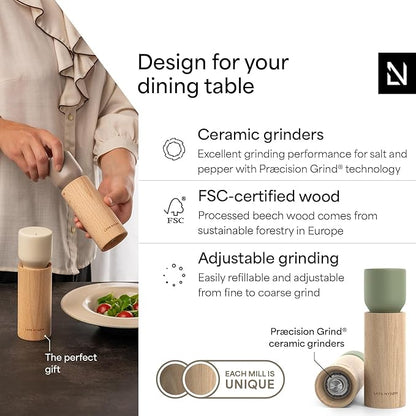 LARS NYSØM Wooden Salt and Pepper Grinder Set Manual with Tray - Salt and Pepper Mills with Adjustable Ceramic Grinder - Elegant Beechwood Pepper and Salt Mill Set for Dining Table (Sage Green)