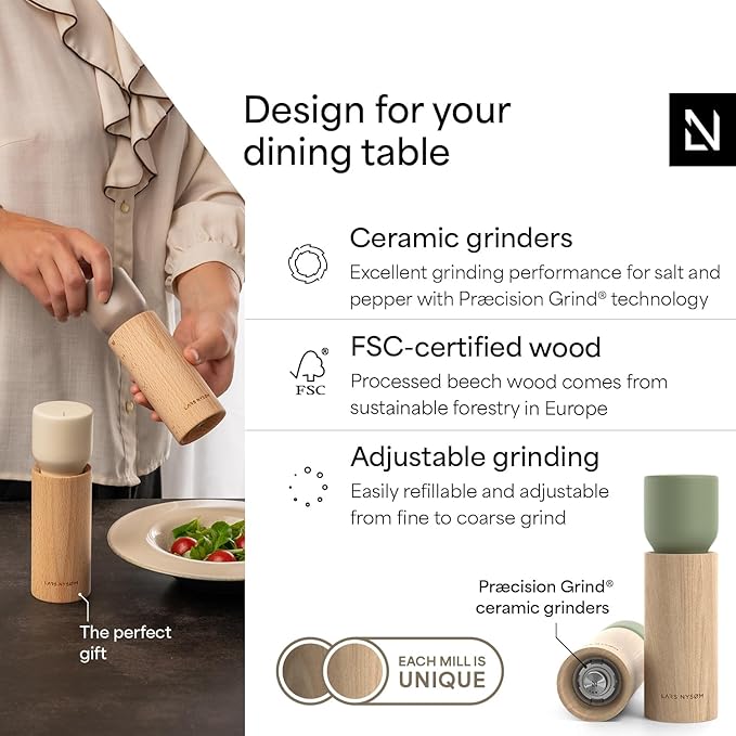 LARS NYSØM Wooden Salt and Pepper Grinder Set Manual - Salt and Pepper Mills with Adjustable Ceramic Grinder - Elegant Beechwood Pepper and Salt Mill Set for Dining Table (Sage Green)
