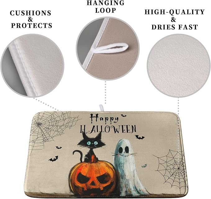 Happy Halloween Dish Drying Mat for Dishs 16x18 Inch Halloween Pumpkin Ghost Black Cat Kitchen Drying Mat Spooky Spiderweb Holiday Dish Drainer Mat Super Absorbent Dish Rack Pad for Coffee Bar Sinks - Image 3