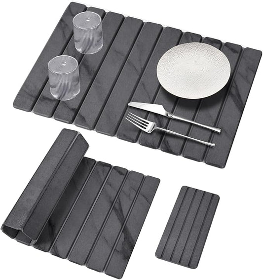 2 PCS Large Stone Dish Drying Mat for Kitchen Counter, 24"×16" Grey Marble Dish Drying Mat with 8"x 4" Coasters, Non - Slip Collapsible Absorbent Stone Dish Drying Mat for Multi - Purpose by Unknown