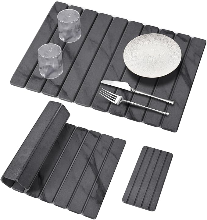 2 PCS Large Stone Dish Drying Mat for Kitchen Counter, 24"×16" Marble Dish Drying Mat with 8"x 4" Coasters, Non - Slip Collapsible Absorbent Mat for Multi - Purpose, Match Any Countertop【Dark Gary】 by Sangukiro