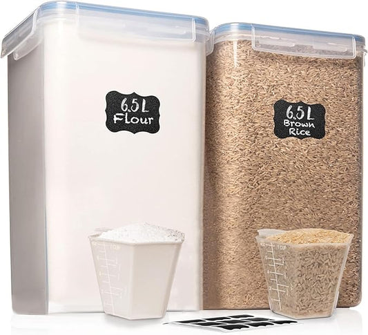 WHITE FEATHER SUPPLIES 2 PC [7 Qt / 6.5L / 220 Oz] Large Food Storage Containers with Lids Airtight - BPA Free Clear Plastic Kitchen and Pantry Storage Containers for Cereal, Flour, Sugar, Rice
