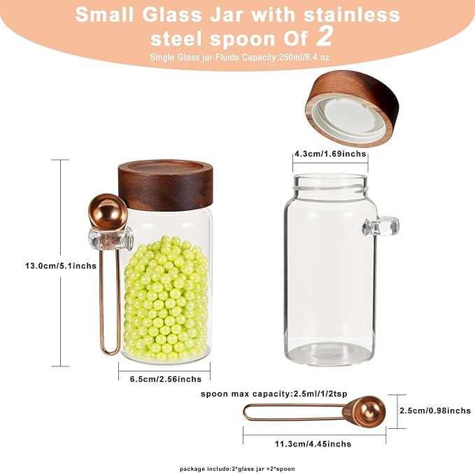 8 oz Small Glass Mason Jars with Scoop Wooden Screw Lid Spice Herb Storage Container Clear Round Glass Food Canister for Seasoning Sugar Tea Coffee Bean Spice Salts Pantry (2×250ml(8.4oz)with scoop) - Image 2