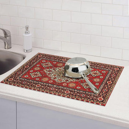 Royal Red Moroccan Dish Drying Mat Old Red Persian Carpet Texture Abstract Drying Rack Pad Countertop Dishes Ultra Absorbent Microfiber Kitchen Counter Mat 18x24 Inch