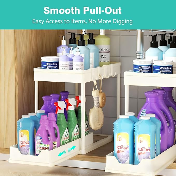 Under Sink Organizers and Storage 2 Pack, Pull-Out Sliding Cabinet Organizer with 2-Tier Storage Shelf & 4 Hooks, Multi-Purpose for Kitchen & Bathroom (13 Inch, White) - Image 3