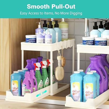 Under Sink Organizers and Storage 2 Pack, Pull-Out Sliding Cabinet Organizer with 2-Tier Storage Shelf & 4 Hooks, Multi-Purpose for Kitchen & Bathroom (13 Inch, White) - Image 3