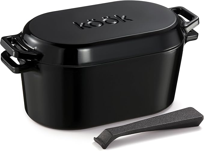 KooK Dutch Oven, for Bread Baking, Sourdough Loaf Pan, with Lid, Dual Handles, Enameled Cast Iron, includes Lid Lever, Dishwasher Safe, Oven safe 500F, 3.4 Qt, Black by Kook