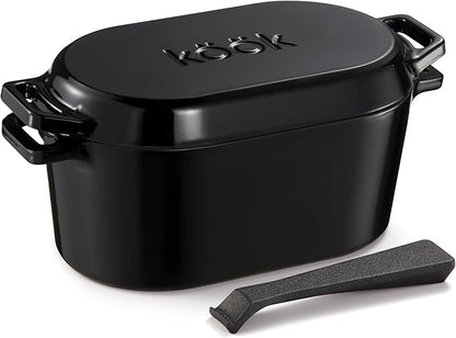 KooK Dutch Oven, for Bread Baking, Sourdough Loaf Pan, with Lid, Dual Handles, Enameled Cast Iron, includes Lid Lever, Dishwasher Safe, Oven safe 500F, 3.4 Qt, Black by Kook