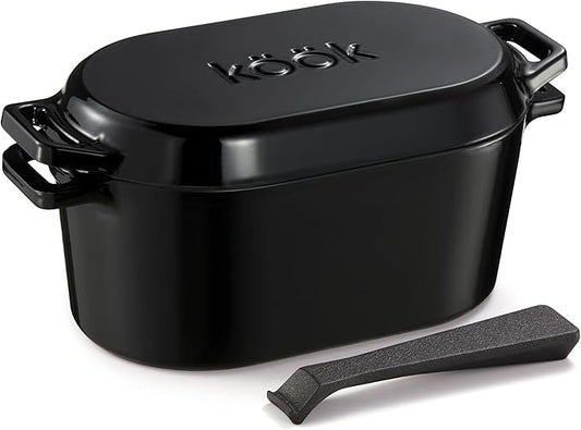 KooK Dutch Oven, for Bread Baking, Sourdough Loaf Pan, with Lid, Dual Handles, Enameled Cast Iron, includes Lid Lever, Dishwasher Safe, Oven safe 500F, 3.4 Qt, Black by Kook