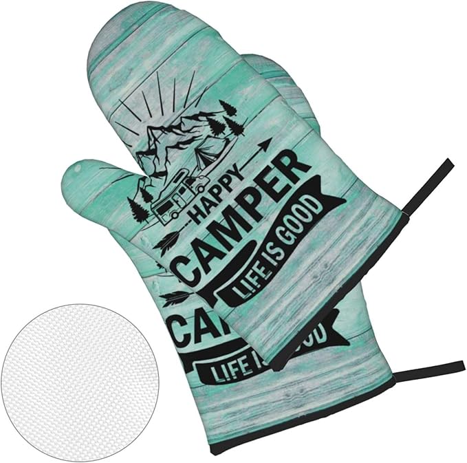 Happy Camper Oven Mitts and Pot Holders Sets of 4,Resistant Hot Pads with Polyester Non-Slip BBQ Gloves for Kitchen,Cooking,Baking,Grilling