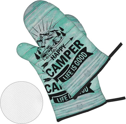 Happy Camper Oven Mitts and Pot Holders Sets of 4,Resistant Hot Pads with Polyester Non-Slip BBQ Gloves for Kitchen,Cooking,Baking,Grilling