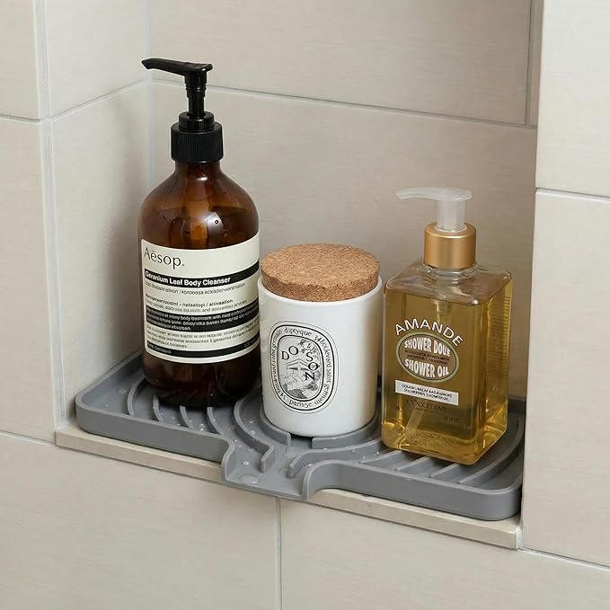 JACZZO Silicone Sponge Holder for Kitchen Sink With Drain Spout, Self Draining, Kitchen Soap Tray, Bathroom Organizer, Sink Caddy (Grey, 10×4)