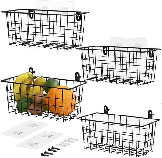 MaraFansie Hanging Wire Baskets Kitchen Storage Basket Adhesive and Screws Basket Over the Cabinet Door Organizer with Adhesive Strips and Screws Accessories, 2 Installations, 4 Pack, Black by MakeStorageMoreFun