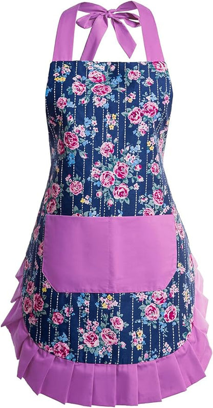 Vintage Floral Apron for Women with Functional Pockets Adjustable Neck Strap for Cooking Baking Mother's Gift