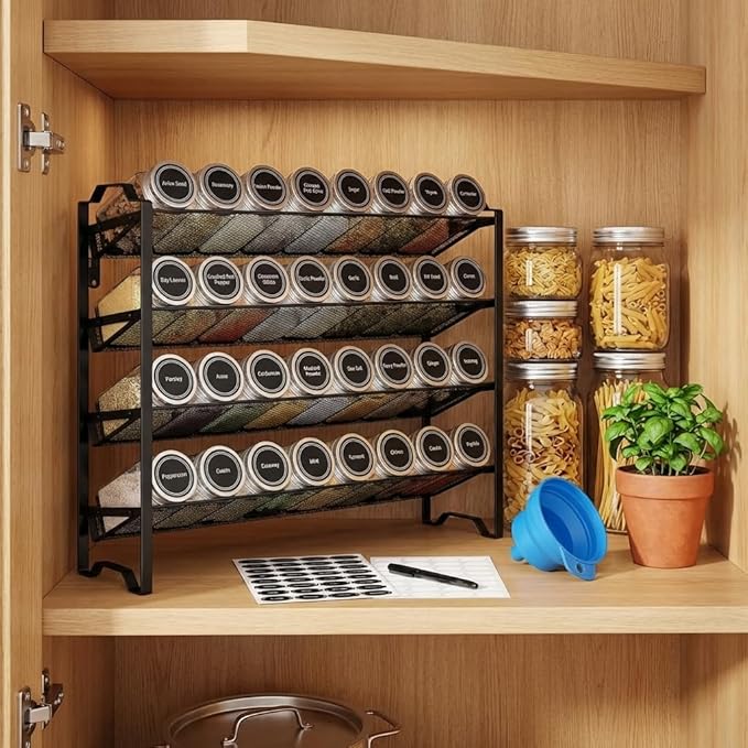 Simple Trending Spice Rack Organizer with 32 Empty Spice Jars, 64 Spice Labels, Chalk Marker and Funnel Set for Cabinet, Countertop, Kitchen, Pantry or Wall Mount, Black - Image 8