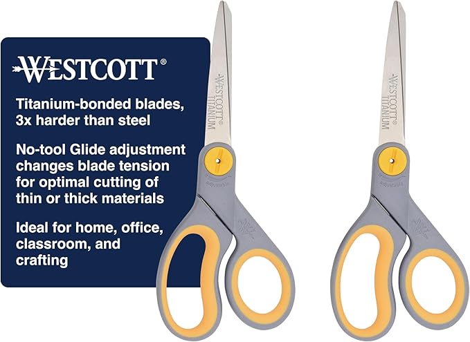 Westcott 8” Titanium Bonded Scissors with Adjustable Glide and Soft Handle, 2-Pack- Durable Multipurpose Scissors for Office, Home, and School Use, Sharp Precision Blades for Everyday Cutting by Westcott