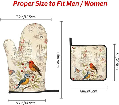 Vintage Bird Themed Hot Pads and Oven Mitts Set of 3,Heat Resistant Non Slip Cute Rustic Kitchen Mitts and Pot Holder Set & Baking Gloves for Cooking Baking Grilling BBQ,Bird Lover Gifts for Women