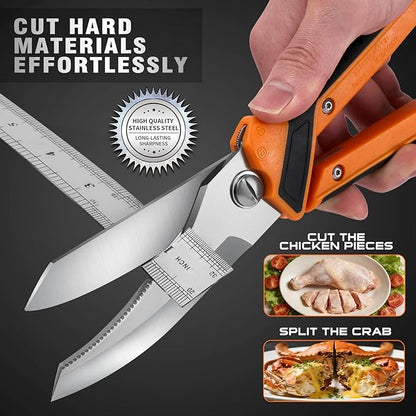 Chenovate® Heavy Duty Kitchen Scissors,Kitchen Shears with Knife & Scissor Switch Lock,Food Scissors Fit for Poultry Bones,Turkey,Meat Cutting,Veggies,Fish,Pizza (orange)