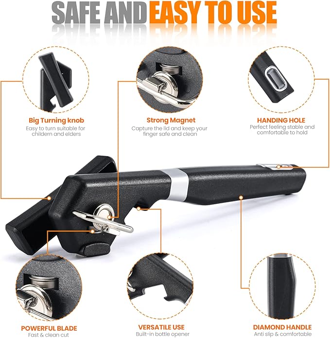 2 in 1 Safety Can Opener Manual Smooth Edge & Bottle Opener, No-Trouble-Lid-Lift Manual Can Opener with Magnet, Large Rubber Handle & Stainless Steel Blade, Side Cut Hand Can Opener for Kitchen - Image 4
