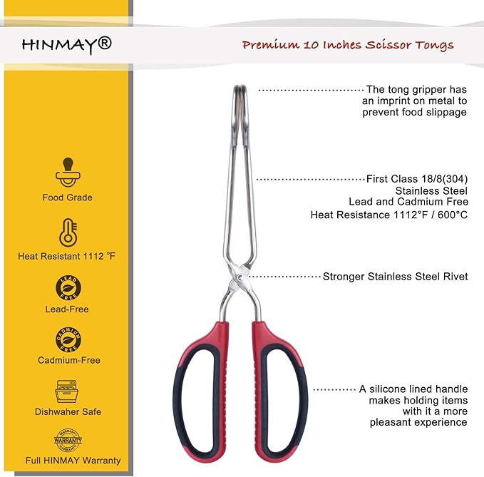 HINMAY Stainless Steel Scissor Tongs with Comfort-Grip Handle 10-Inch - Image 2
