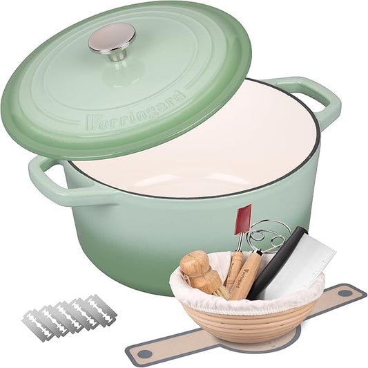 VORRINGARD Enameled Cast Iron Dutch Oven Pot with Lid, for Bread Baking, Round Bread Oven- include Sourdough Bread Baking Supplies Set, 4.5QT, Green by Unknown