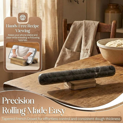Flexzion French Rolling Pin, 12 Inch Black Marble Rolling Pins for Baking with Wooden Base Holder Stand - Non-Stick Baking Roller for Baking Fondant, Crust, Pastry, Cookies, Pizza, Pasta