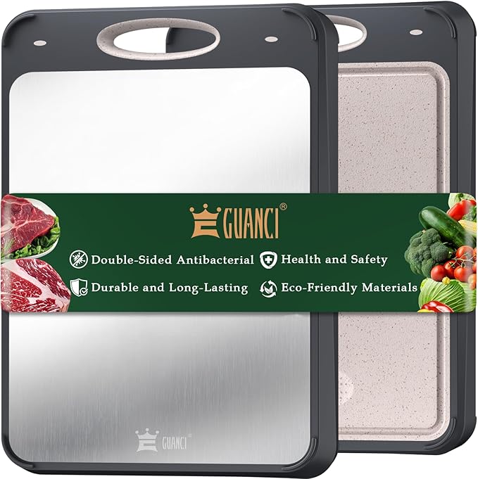 GUANCI Cutting Board for Kitchen Double Sided 304 Stainless Steel Chopping Board Food-Grade Stainless Steel and Wheat Straw PP Samll Size 14’’×9.6’’ Easy to Clean by GUANCI