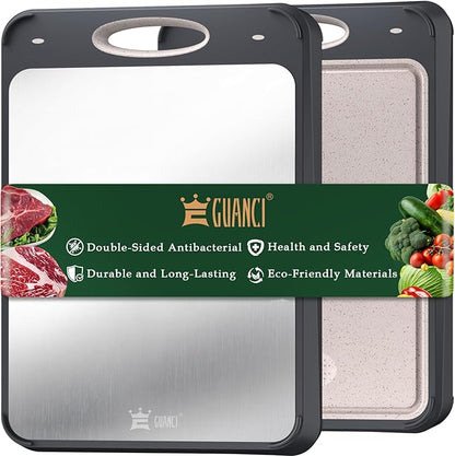 GUANCI Cutting Board for Kitchen Double Sided 304 Stainless Steel Chopping Board Food-Grade Stainless Steel and Wheat Straw PP Samll Size 14’’×9.6’’ Easy to Clean by GUANCI