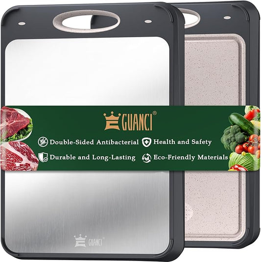 GUANCI Cutting Board for Kitchen Double Sided 304 Stainless Steel Chopping Board Food-Grade Stainless Steel and Wheat Straw PP Samll Size 14’’×9.6’’ Easy to Clean by GUANCI