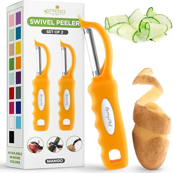 Spring Chef Premium Stainless Steel Swivel Potato Peelers for Kitchen, Metal Vegetable Peelers with Comfortable Handle for Apple, Cucumber, Veggie, Fruit, Carrot, Dishwasher Safe - Set of 2 - Mango by SpringChef